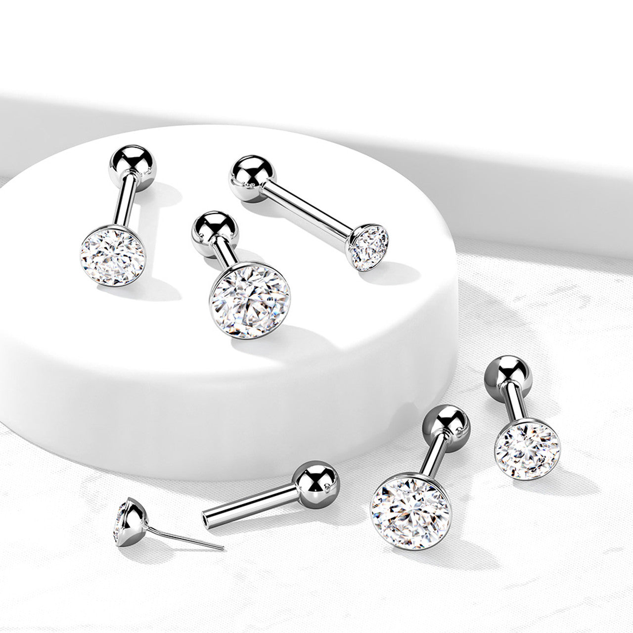 Titanium Cartilage Barbell Ball Top 18 16 Gauge With Threadless CZ Gem