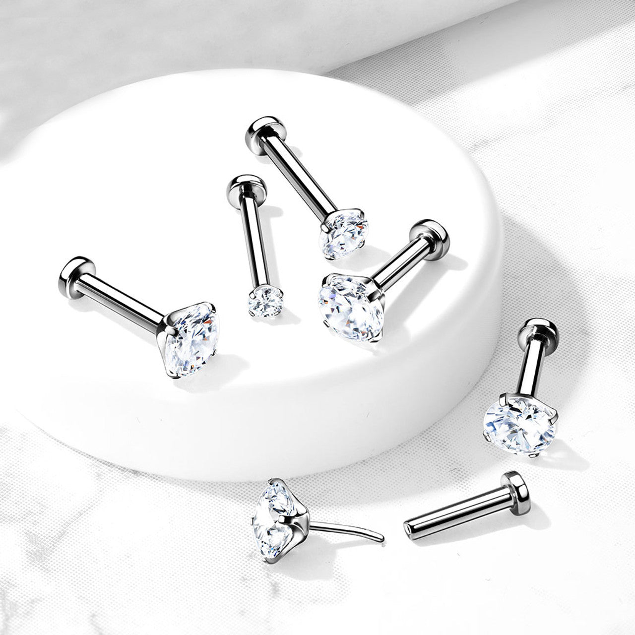 Titanium Labret Stud 20 18 & 16 Gauge Threadless Ring With Clear Gem