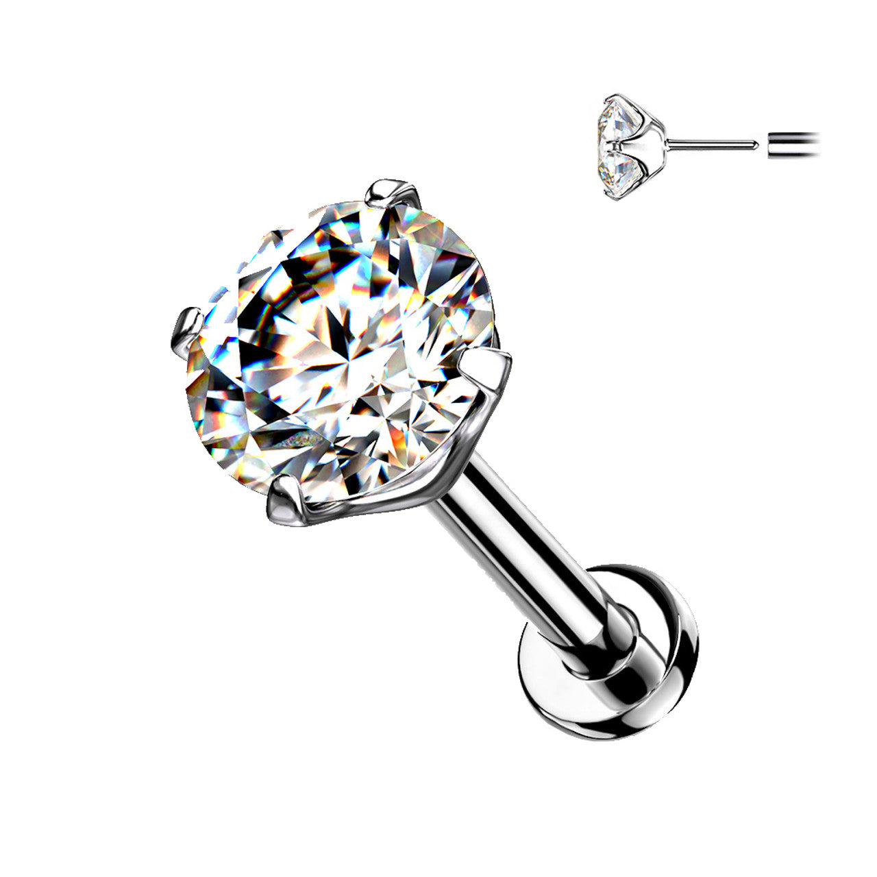 Titanium Labret Stud 20 18 & 16 Gauge Threadless Ring With Clear Gem