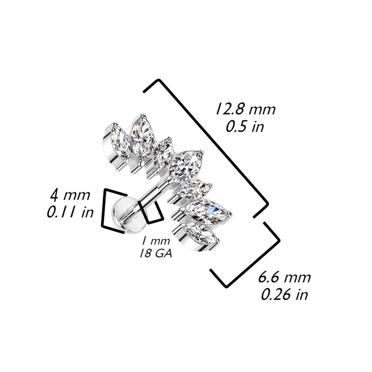 Titanium Cartilage Crawl Labret Stud Ring 18 Gauge & 7 Gem Curved Top