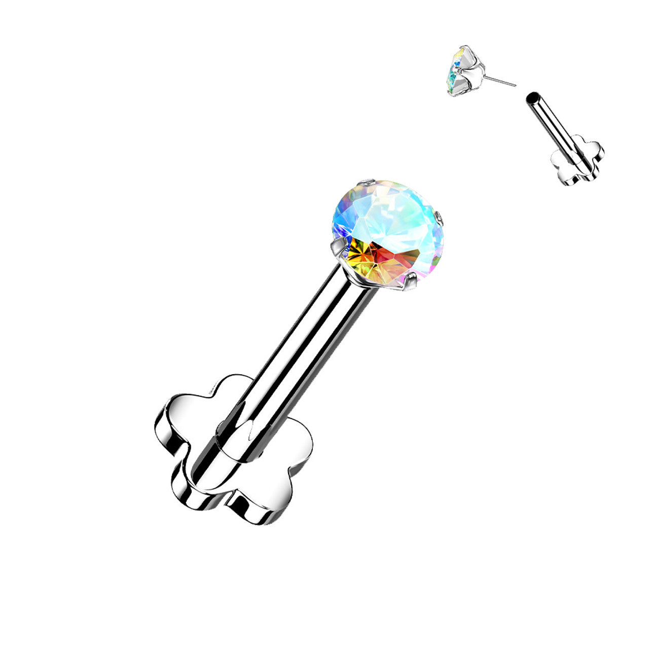 Titanium Monroe / Labret Stud Ring 18 Gauge Threadless Gem Flower Back