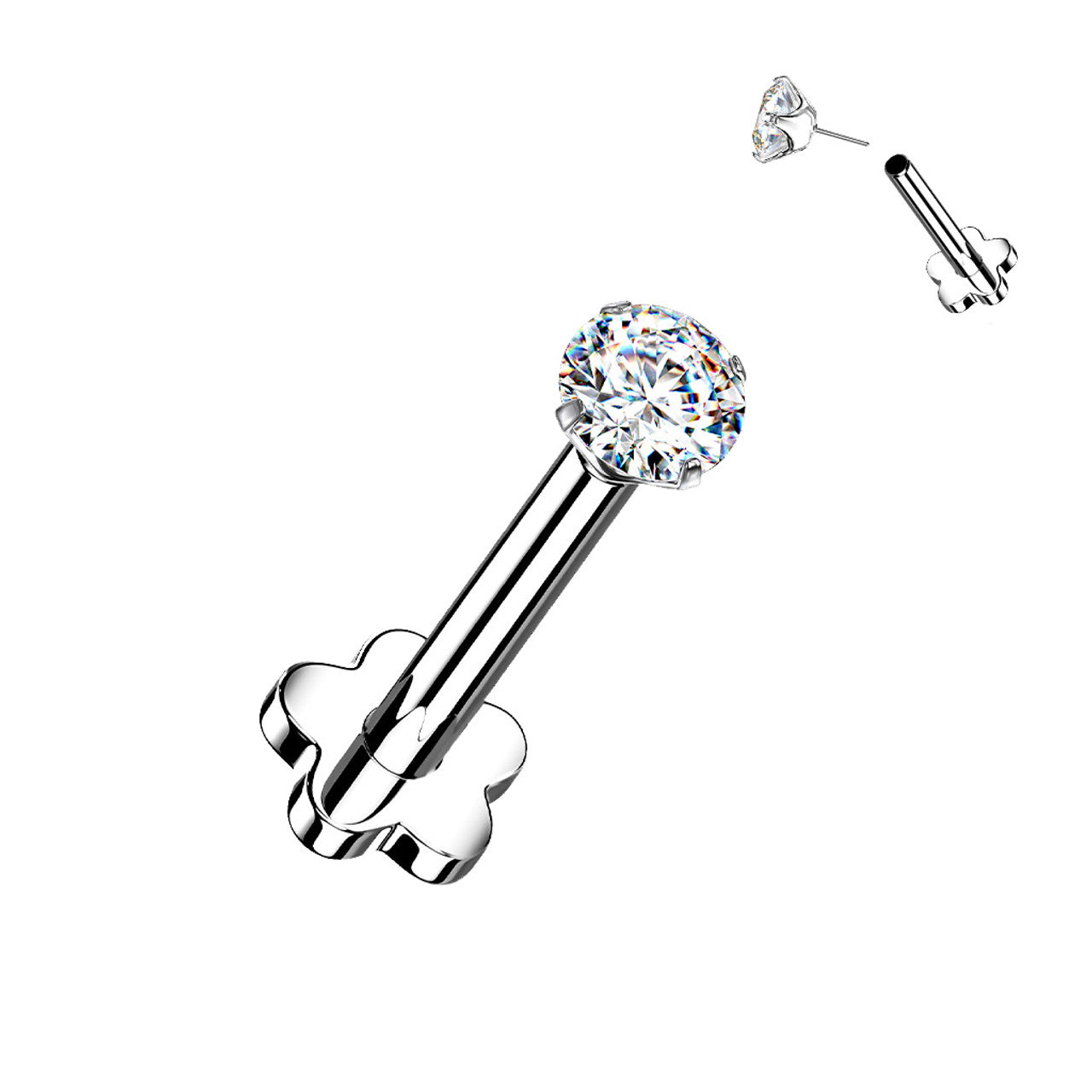 Titanium Monroe / Labret Stud Ring 18 Gauge Threadless Gem Flower Back