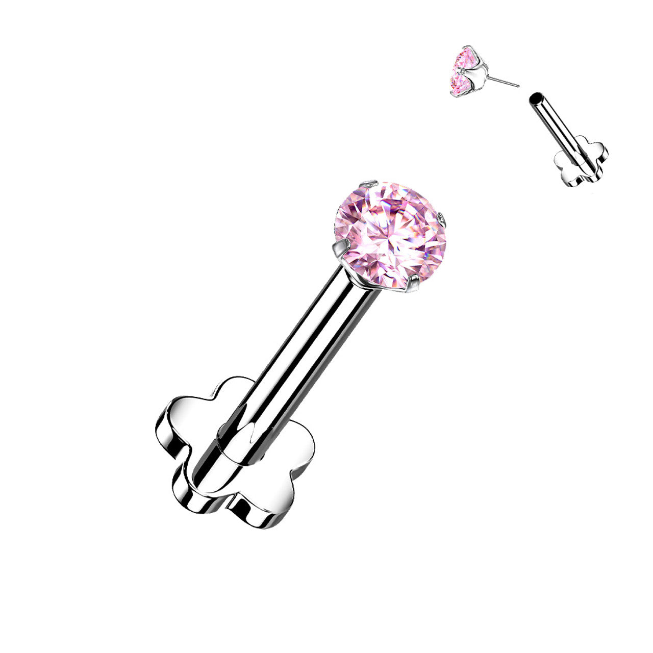Titanium Monroe / Labret Stud Ring 18 Gauge Threadless Gem Flower Back