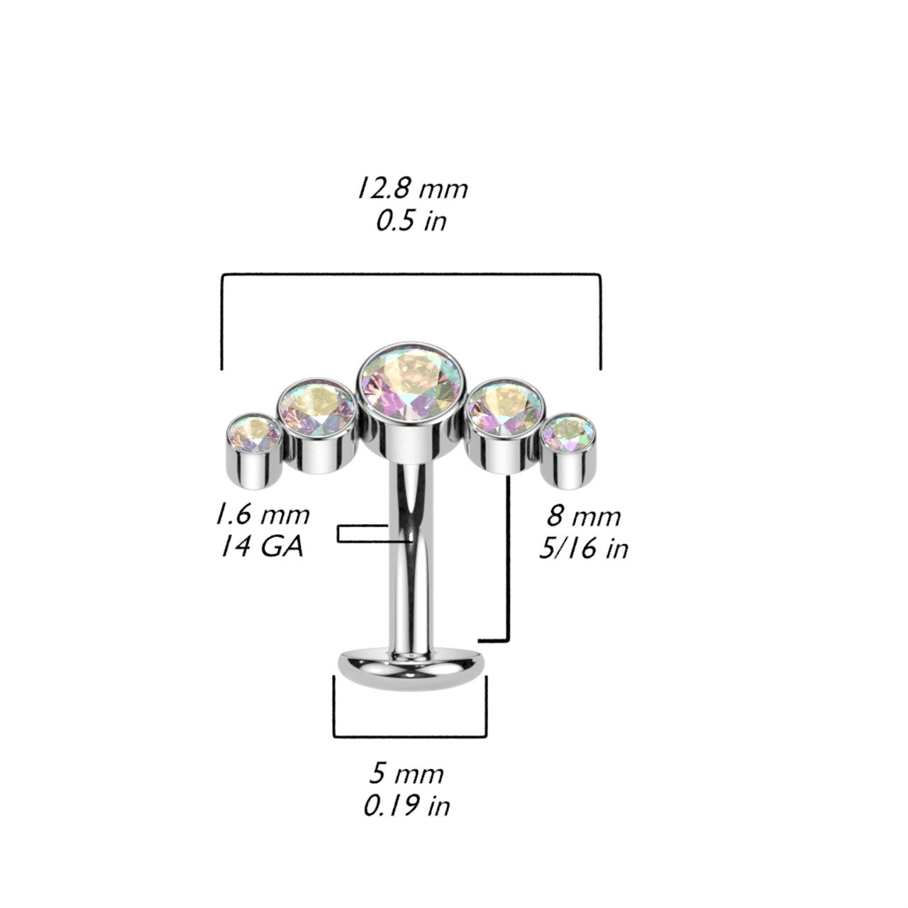 Titanium Belly Ring 14 Gauge 5/16" (8mm) With 5 Cubic Zirconia Gems