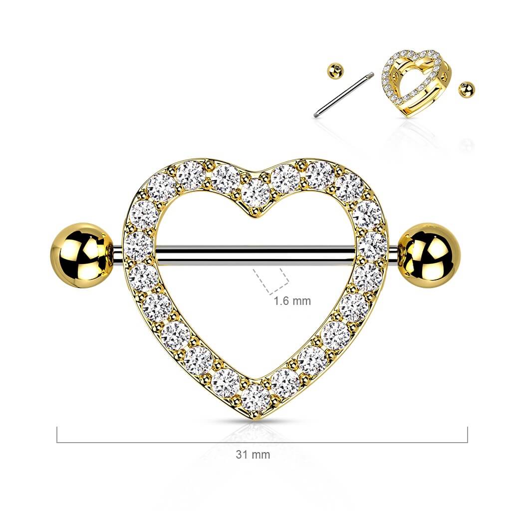 Surgical Steel Nipple Ring Barbell Shield 14 Gauge & Gem Paved Heart