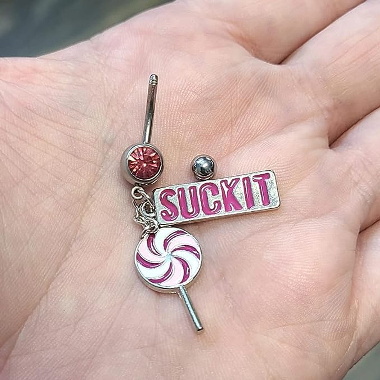 Surgical Steel Belly Button Ring 14 Gauge With Lollipop Suck It Charm