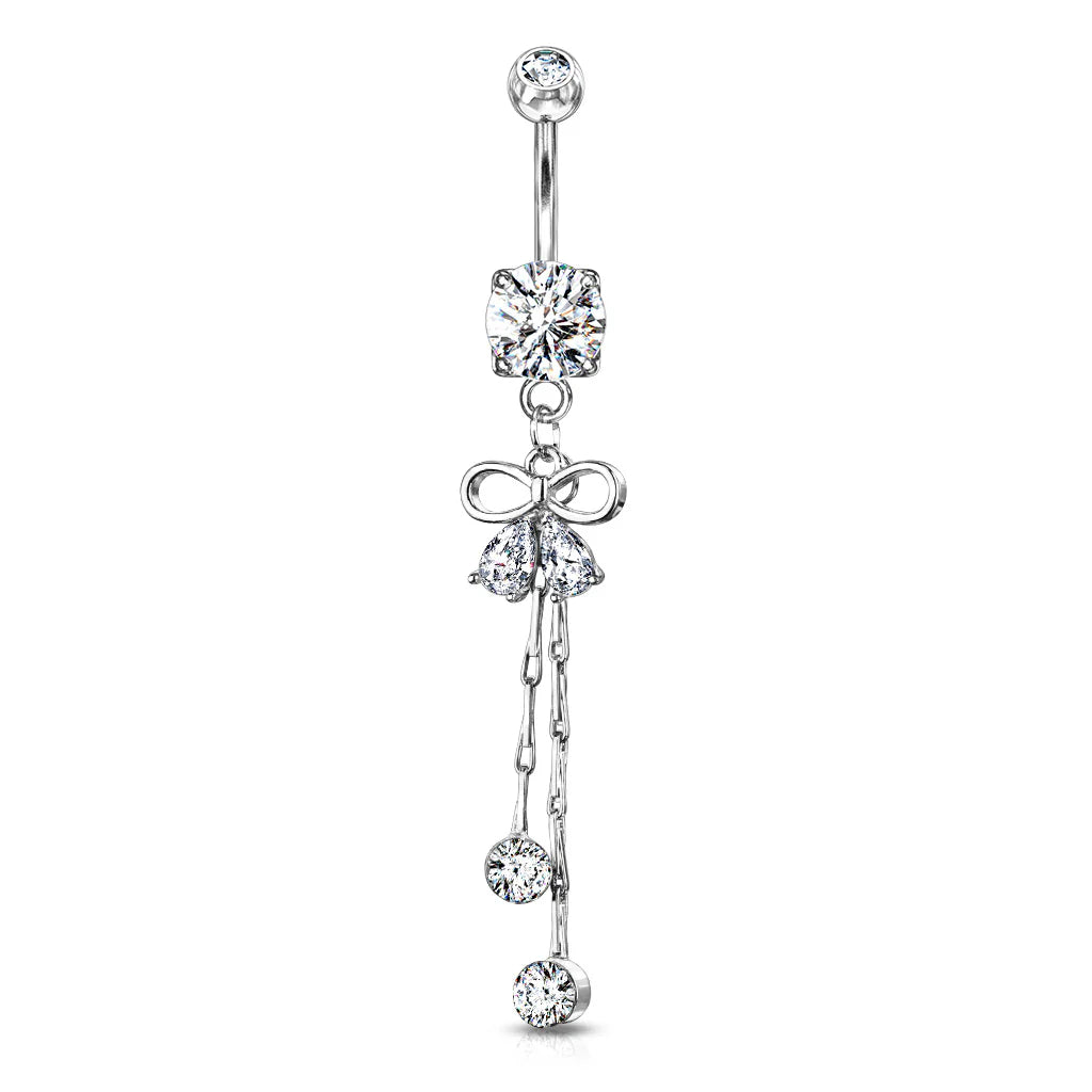 Surgical Steel Belly Button Ring 14 Gauge Ribbon & Gem Chain Dangle
