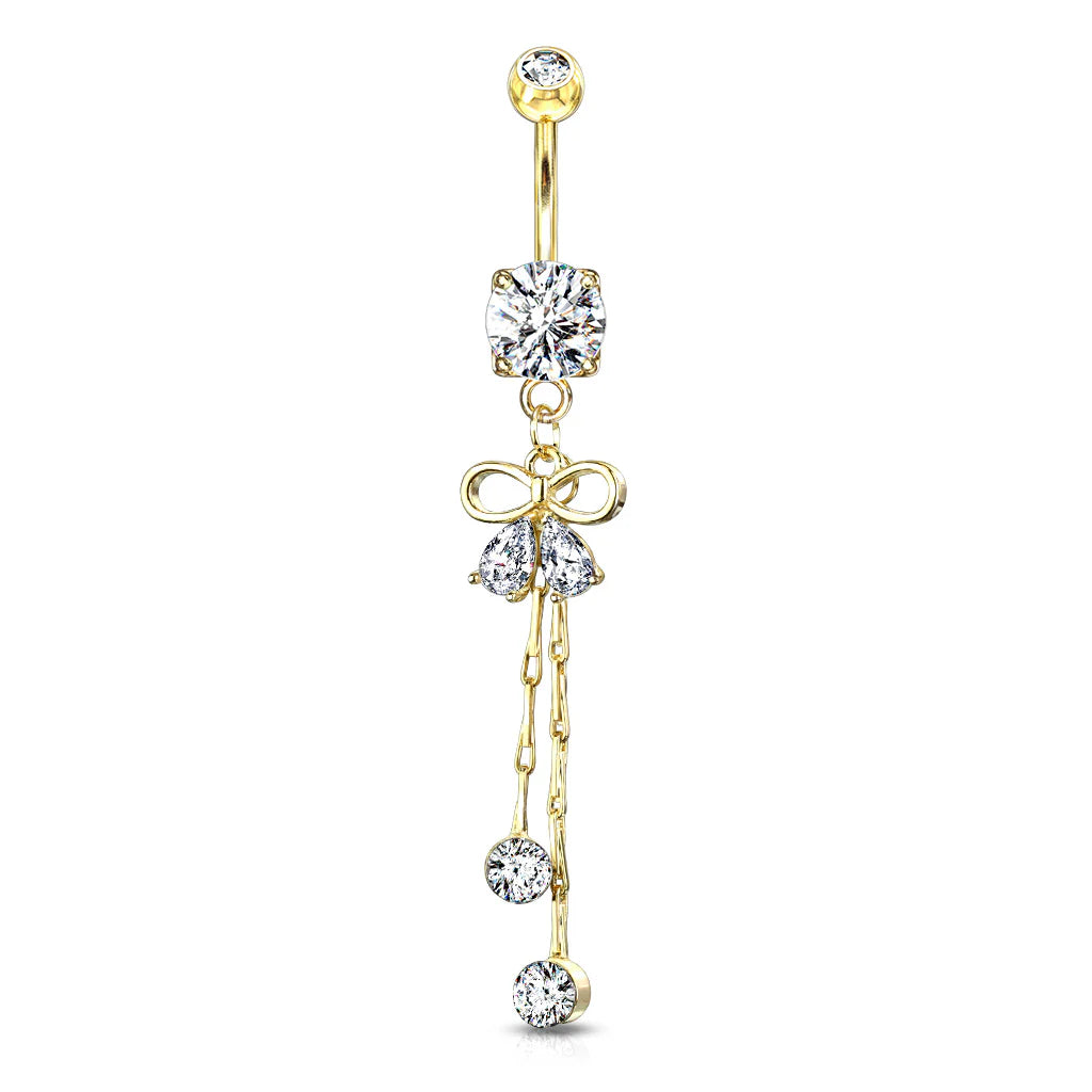 Surgical Steel Belly Button Ring 14 Gauge Ribbon & Gem Chain Dangle