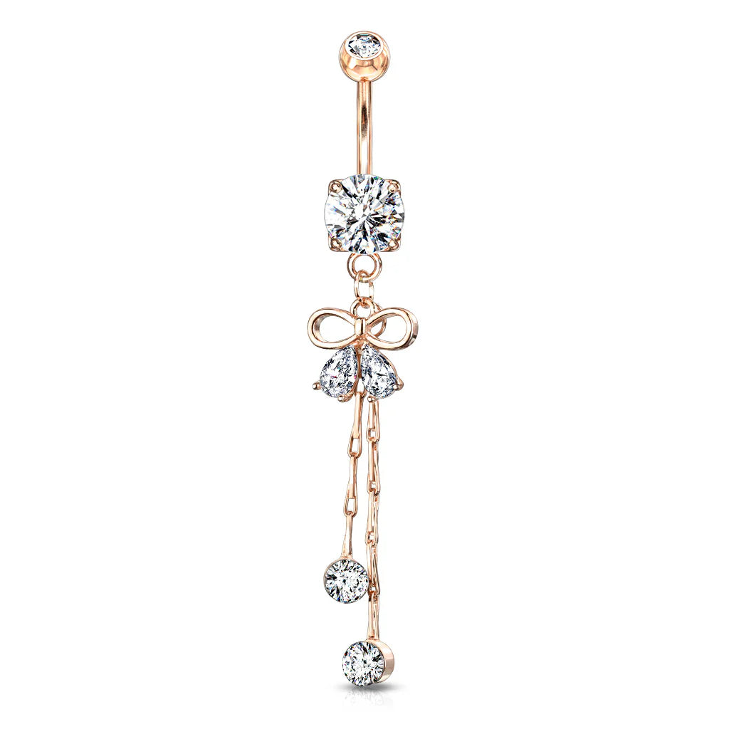 Surgical Steel Belly Button Ring 14 Gauge Ribbon & Gem Chain Dangle