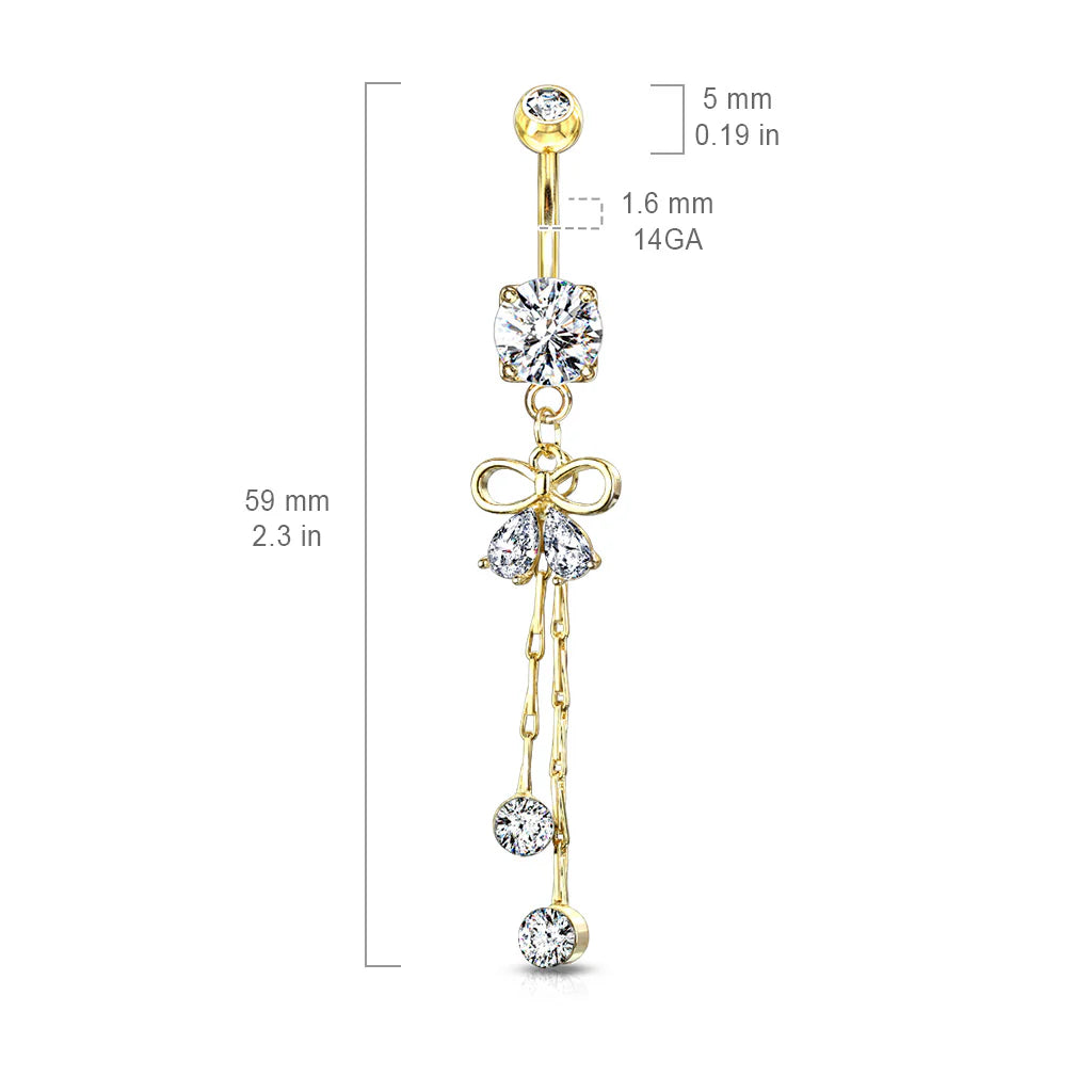 Surgical Steel Belly Button Ring 14 Gauge Ribbon & Gem Chain Dangle
