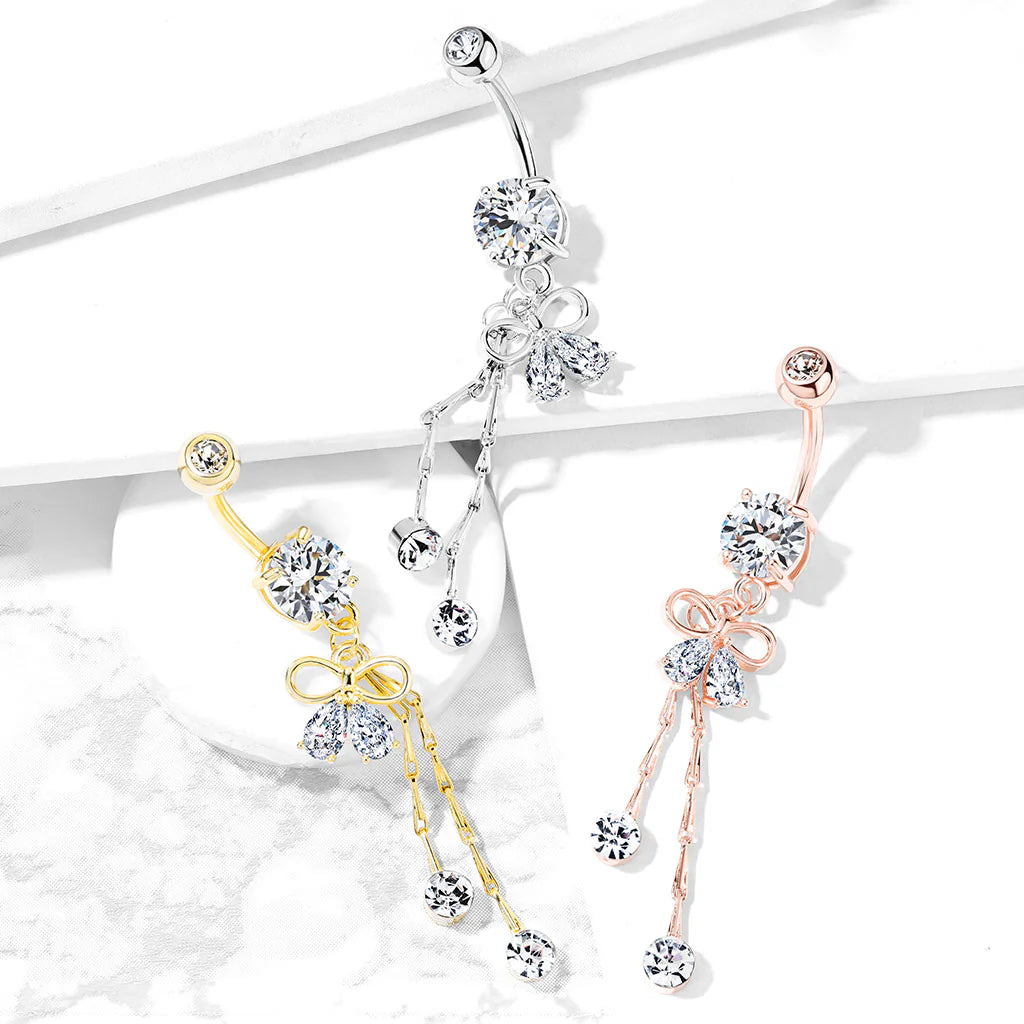 Surgical Steel Belly Button Ring 14 Gauge Ribbon & Gem Chain Dangle