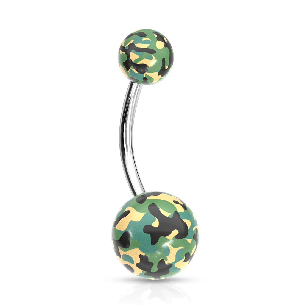 Surgical Steel Belly Button Ring 14 Gauge & Acrylic Green Camouflage