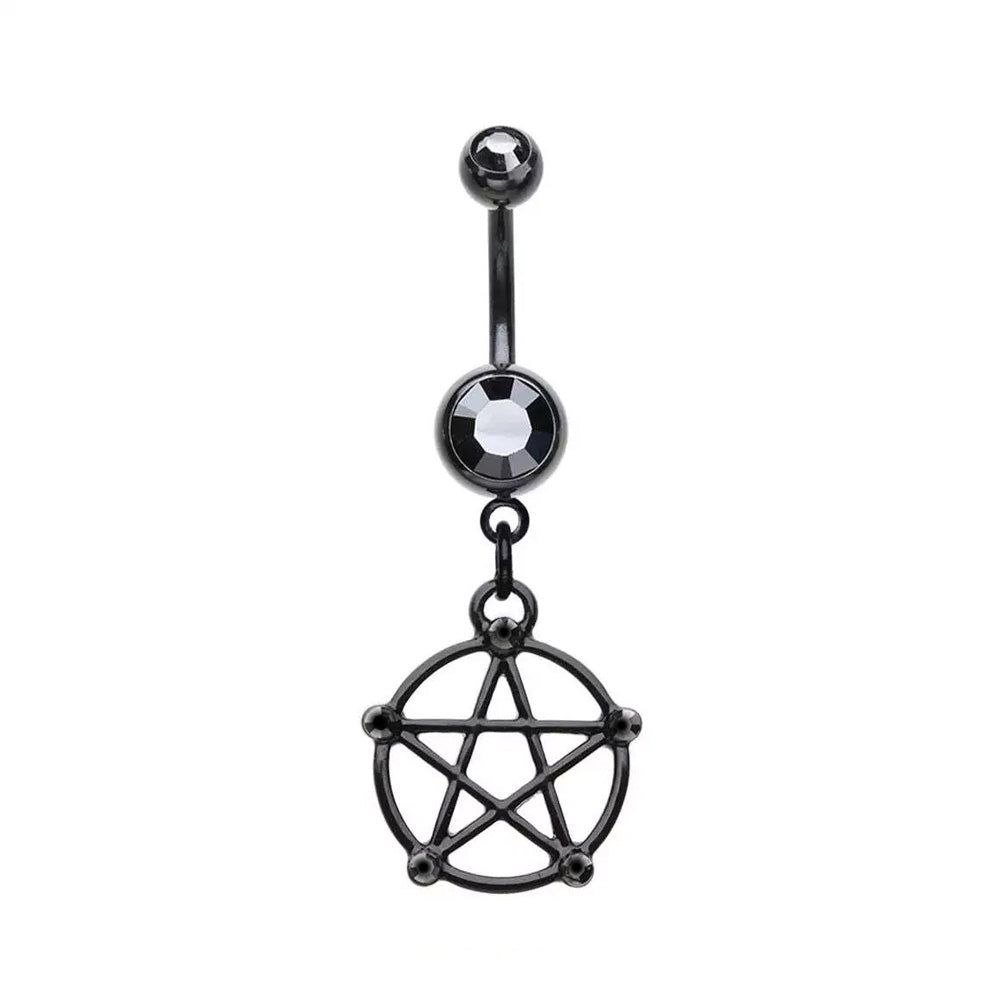 Surgical Steel Belly Button Ring 14 Gauge With Black Gem & Pentacle