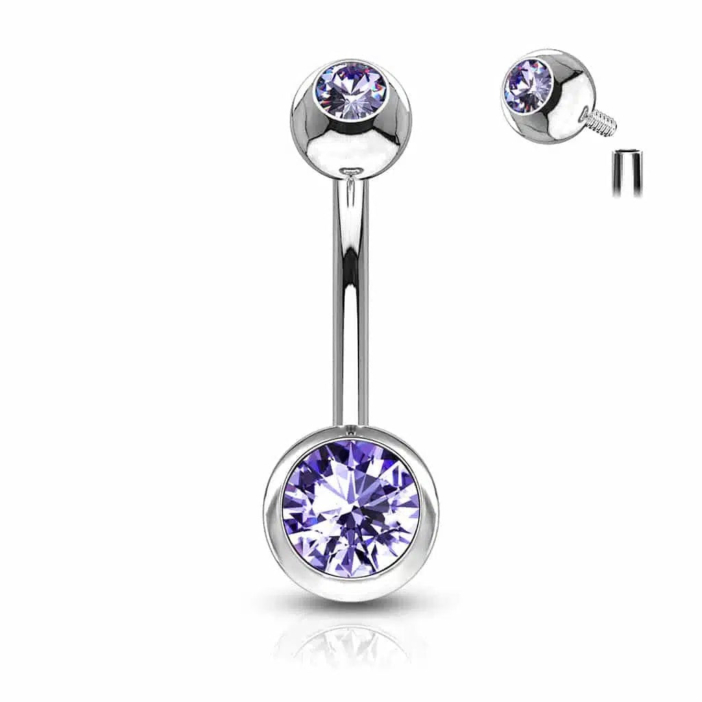Surgical Steel Belly Ring 14 Gauge Internally Threaded & Color CZ Gems