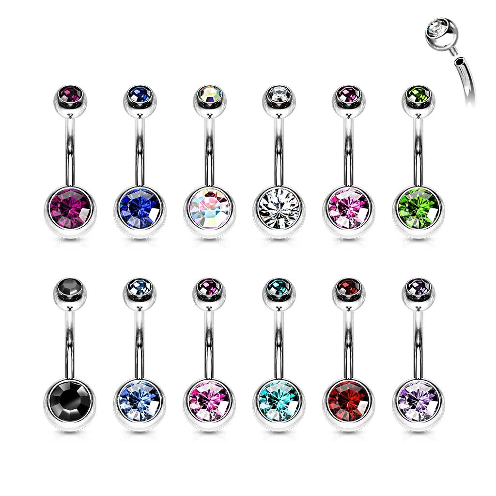 Surgical Steel Belly Ring 14 Gauge Internally Threaded & Color CZ Gems