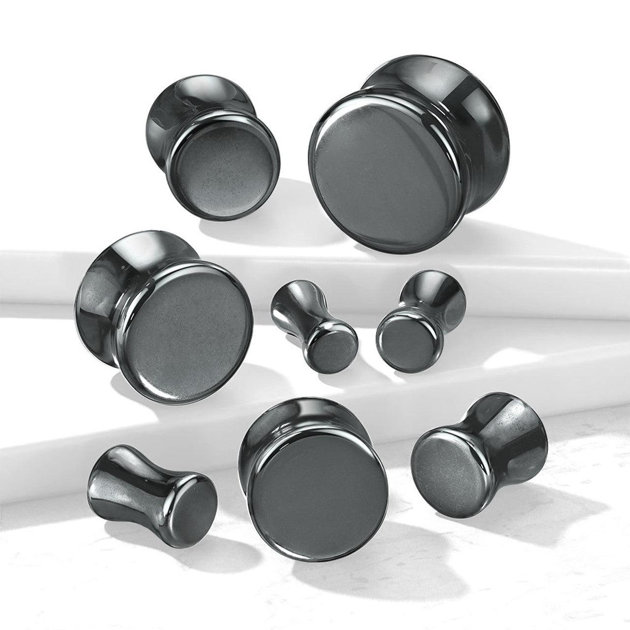Double Flare Plug Ear Tunnel 6 to 5/8" Gauge & Hematite Stone - Pair