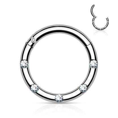 Surgical Steel Hinged Segment Hoop Ring 16 Gauge & 5 Flush Gems