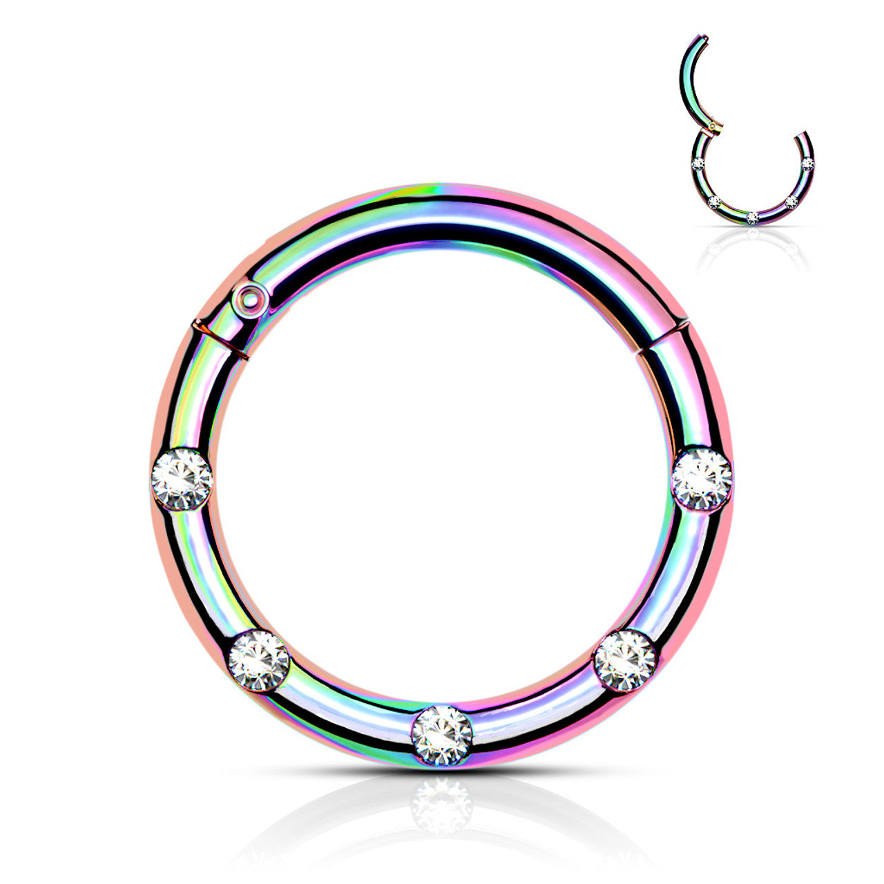 Surgical Steel Hinged Segment Hoop Ring 16 Gauge & 5 Flush Gems