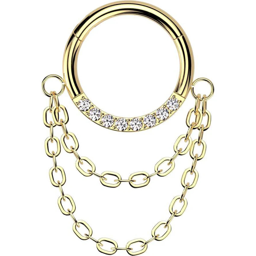 Titanium Hinged Segment Hoop Ring 16 Gauge CZ Gems & Chain Link Dangle