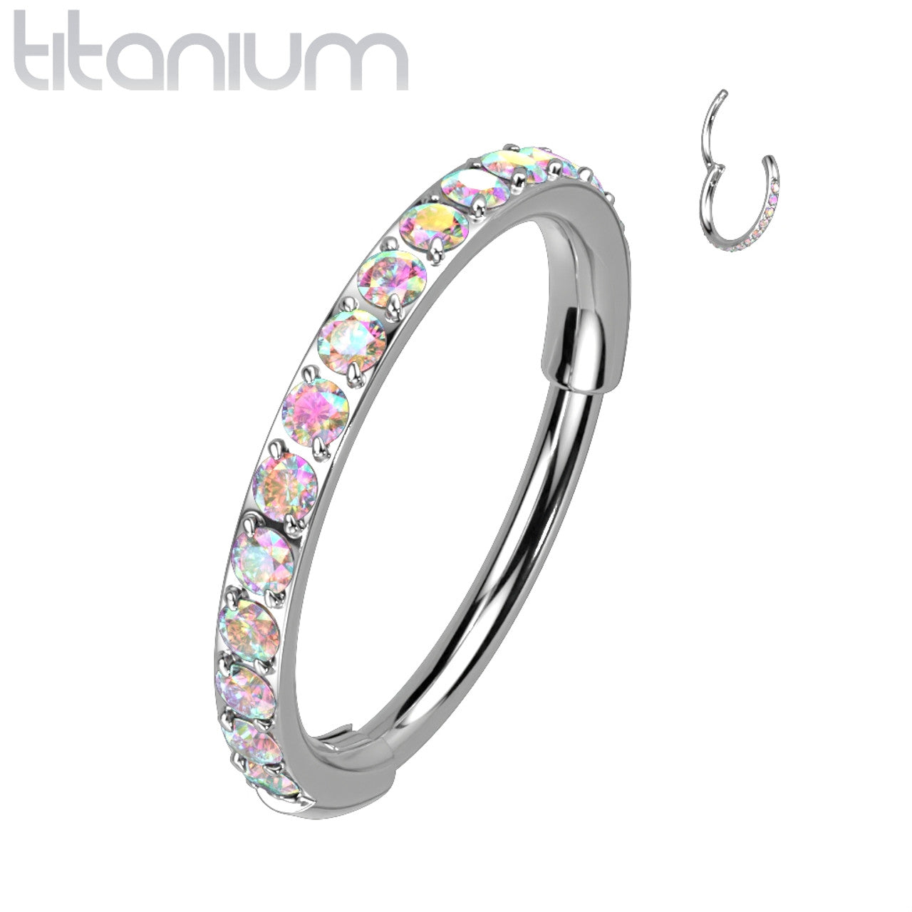 Titanium Hinged Segment Hoop Nose Ring 20 Gauge Outward Facing CZ Gem