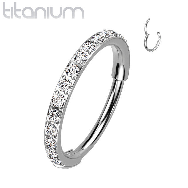 Titanium Hinged Segment Hoop Nose Ring 20 Gauge Outward Facing CZ Gem