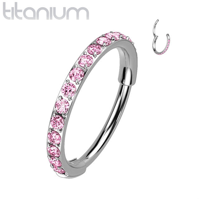 Titanium Hinged Segment Hoop Nose Ring 20 Gauge Outward Facing CZ Gem