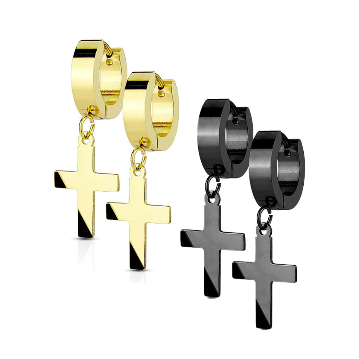Stainless Steel Hinged Hoop Earring 18 Gauge With Cross Dangle - Pair