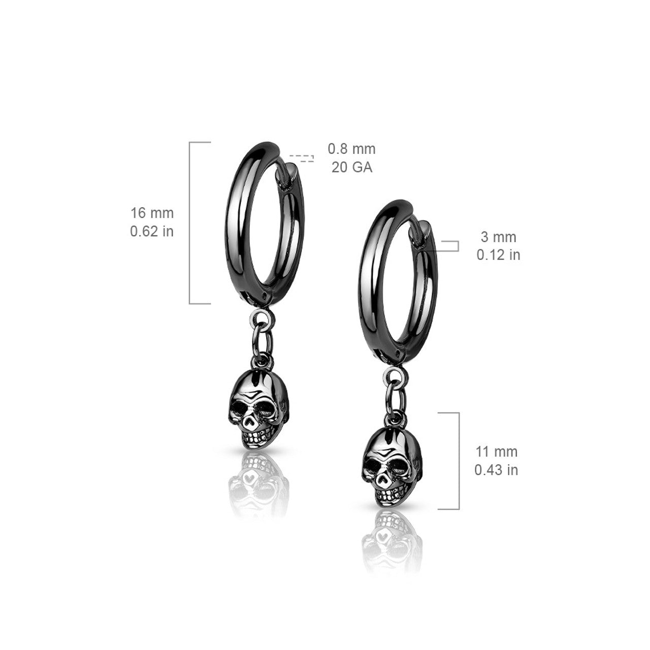 Surgical Steel Hoop Earring 20 Gauge With Dangle Skull - Pair