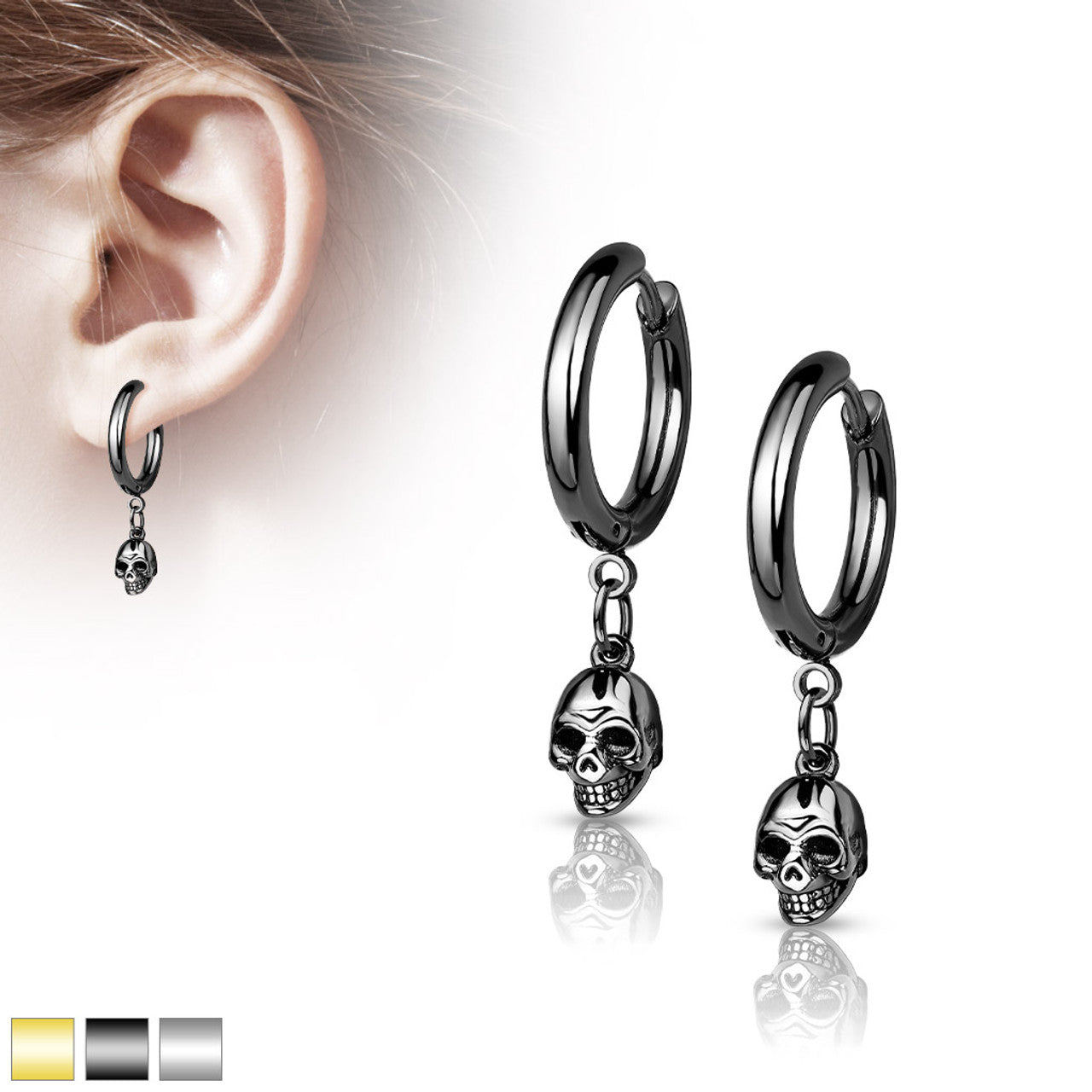 Surgical Steel Hoop Earring 20 Gauge With Dangle Skull - Pair