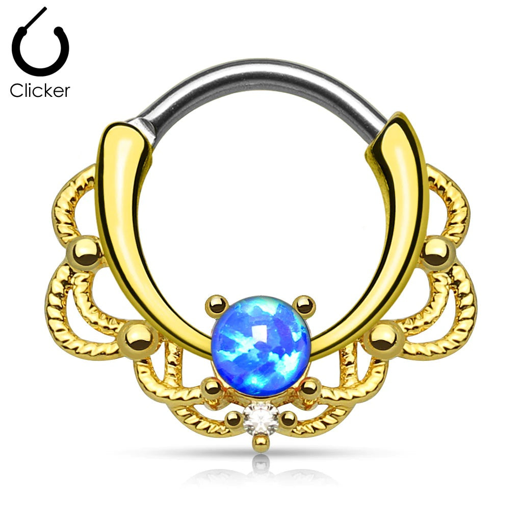 14 Karat Gold Plated Septum Clicker 16 Gauge Lace Design With Opal Gem