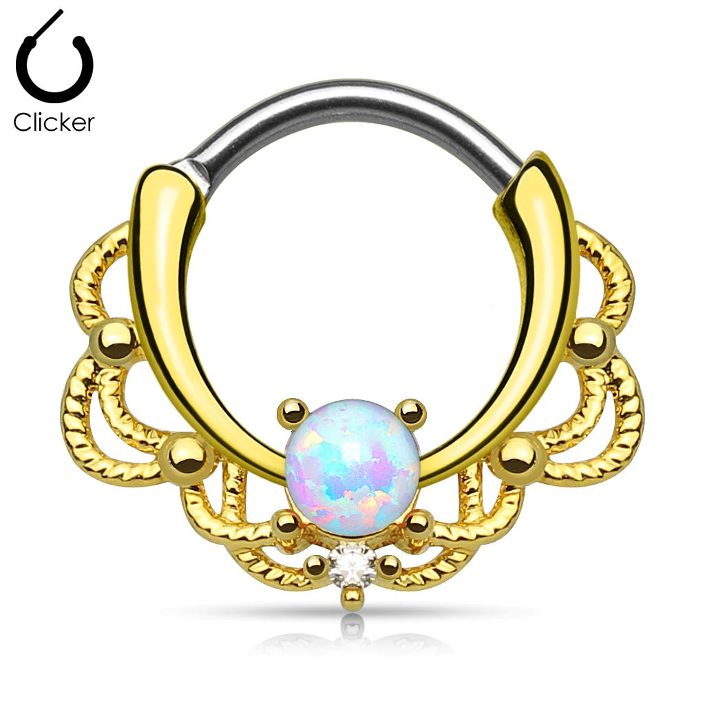14 Karat Gold Plated Septum Clicker 16 Gauge Lace Design With Opal Gem