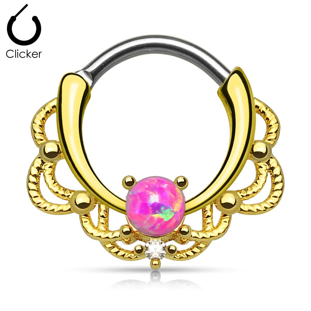 14 Karat Gold Plated Septum Clicker 16 Gauge Lace Design With Opal Gem