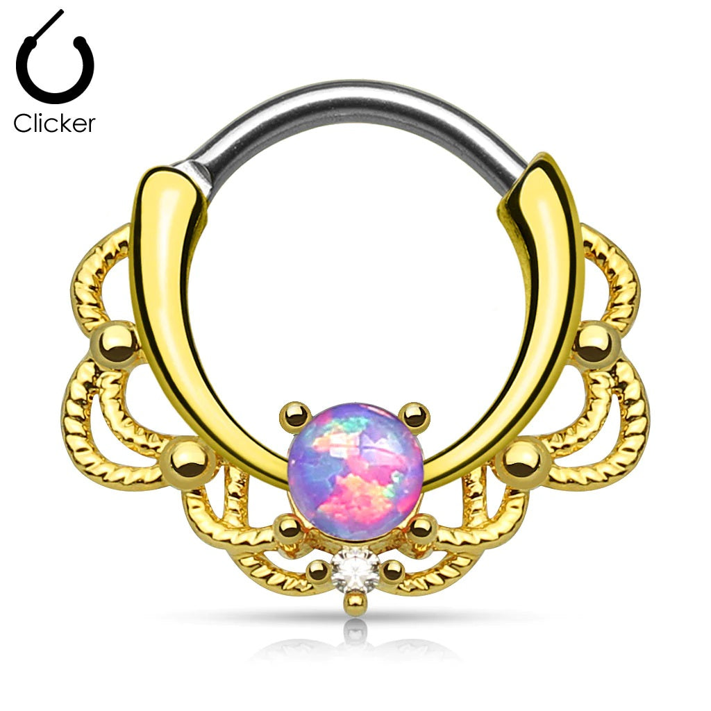 14 Karat Gold Plated Septum Clicker 16 Gauge Lace Design With Opal Gem