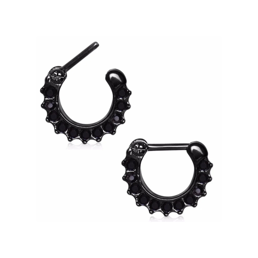 Surgical Steel Black Hinged Segment Septum Ring 16 Gauge With CZ Gems