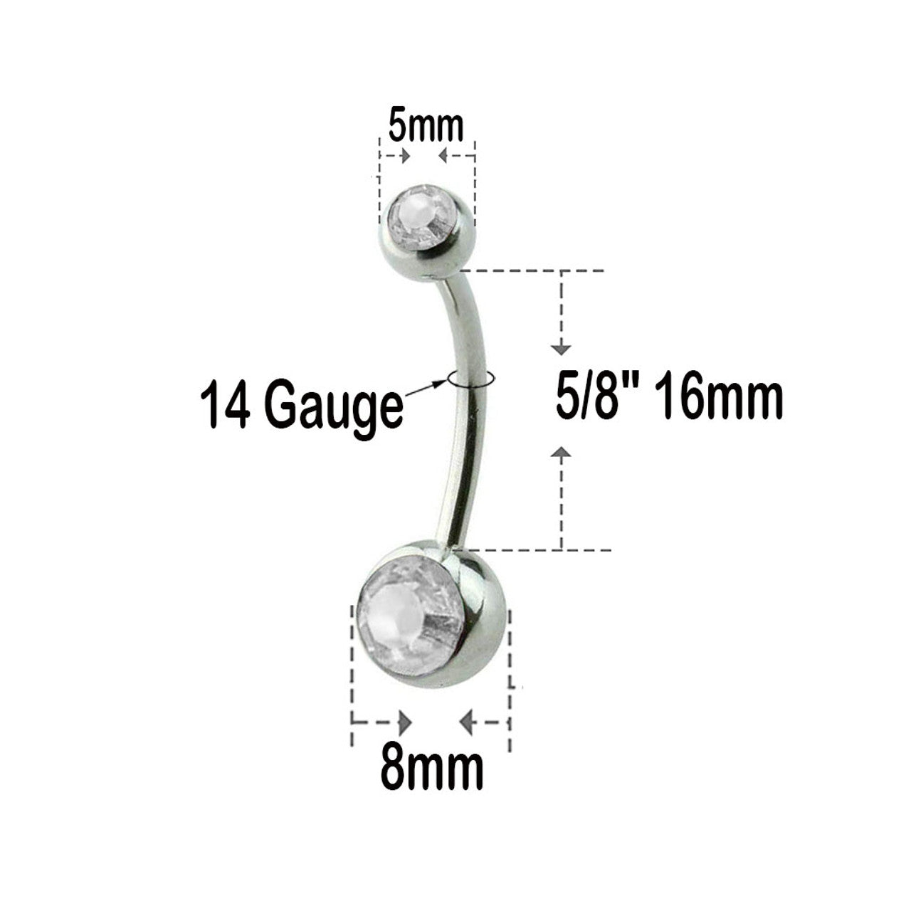 Surgical Steel Long Belly Ring 14 Gauge 5/8" (16 MM) & Color CZ Gems