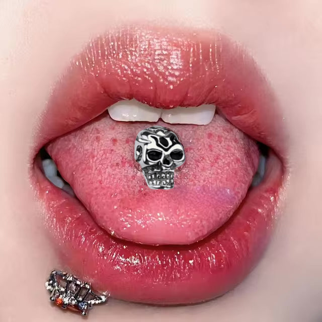 Surgical Steel Tongue Ring Straight Barbell 14 Gauge With Death Skull