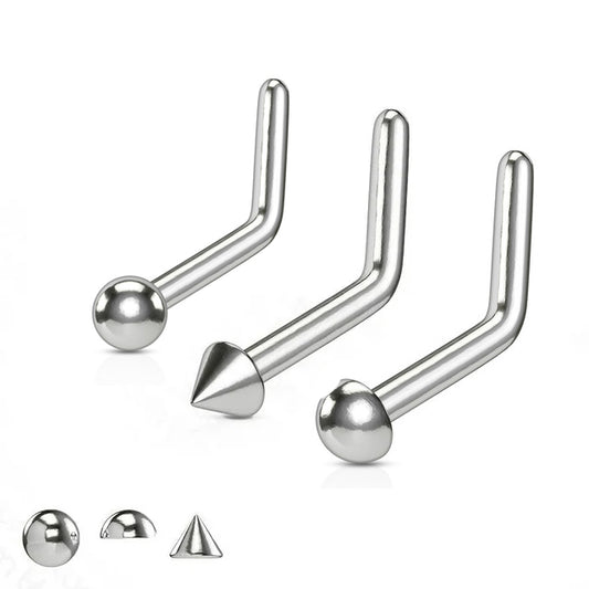 Titanium Nose Ring Stud 20 & 18 Gauge 1/4" L Bend with Ball Dome Spike