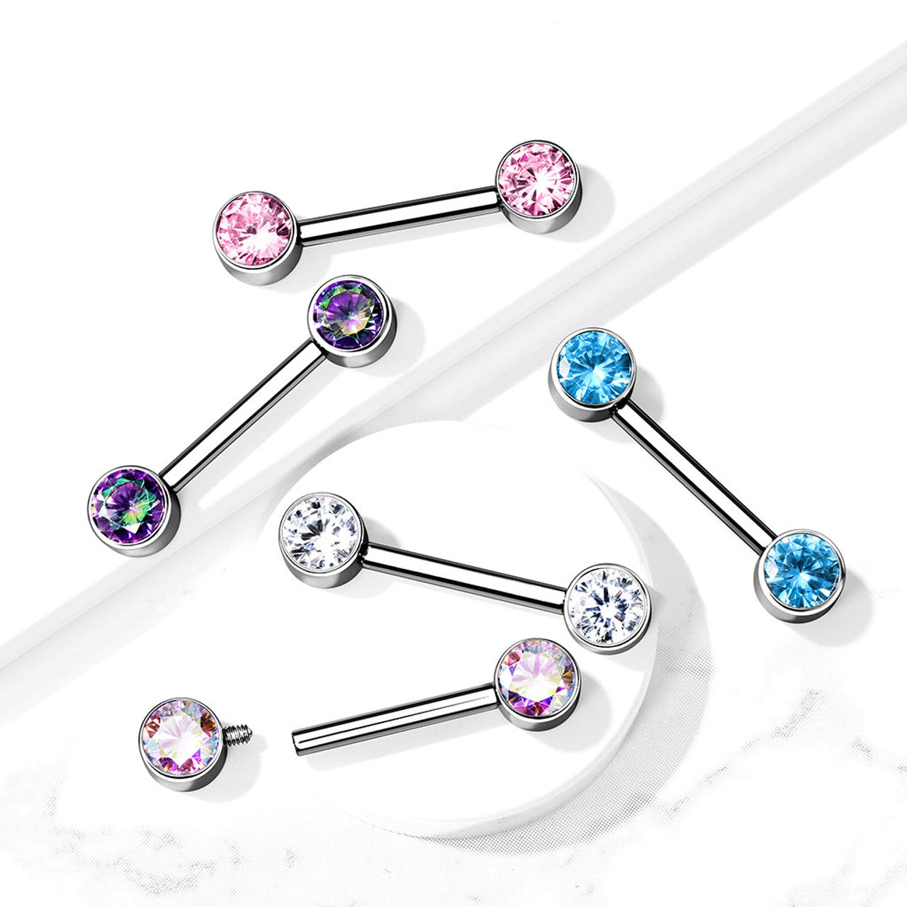 Surgical Steel Nipple Ring Barbell 14 Gauge Internally Threaded CZ Gem
