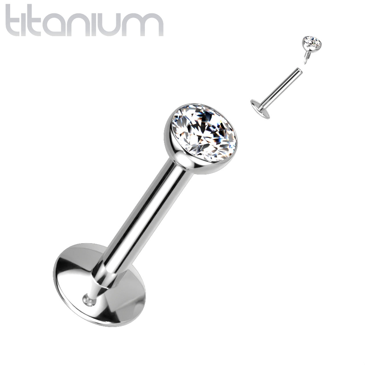 Titanium Monroe Labret Stud Ring 18 & 16 Gauge Internally Threaded Gem