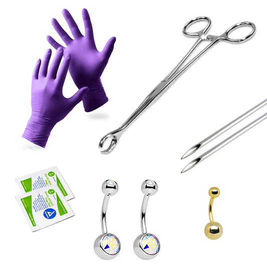 Surgical Steel Belly Button Ring Piercing Kit 14 Gauge Gem - 9 Pieces