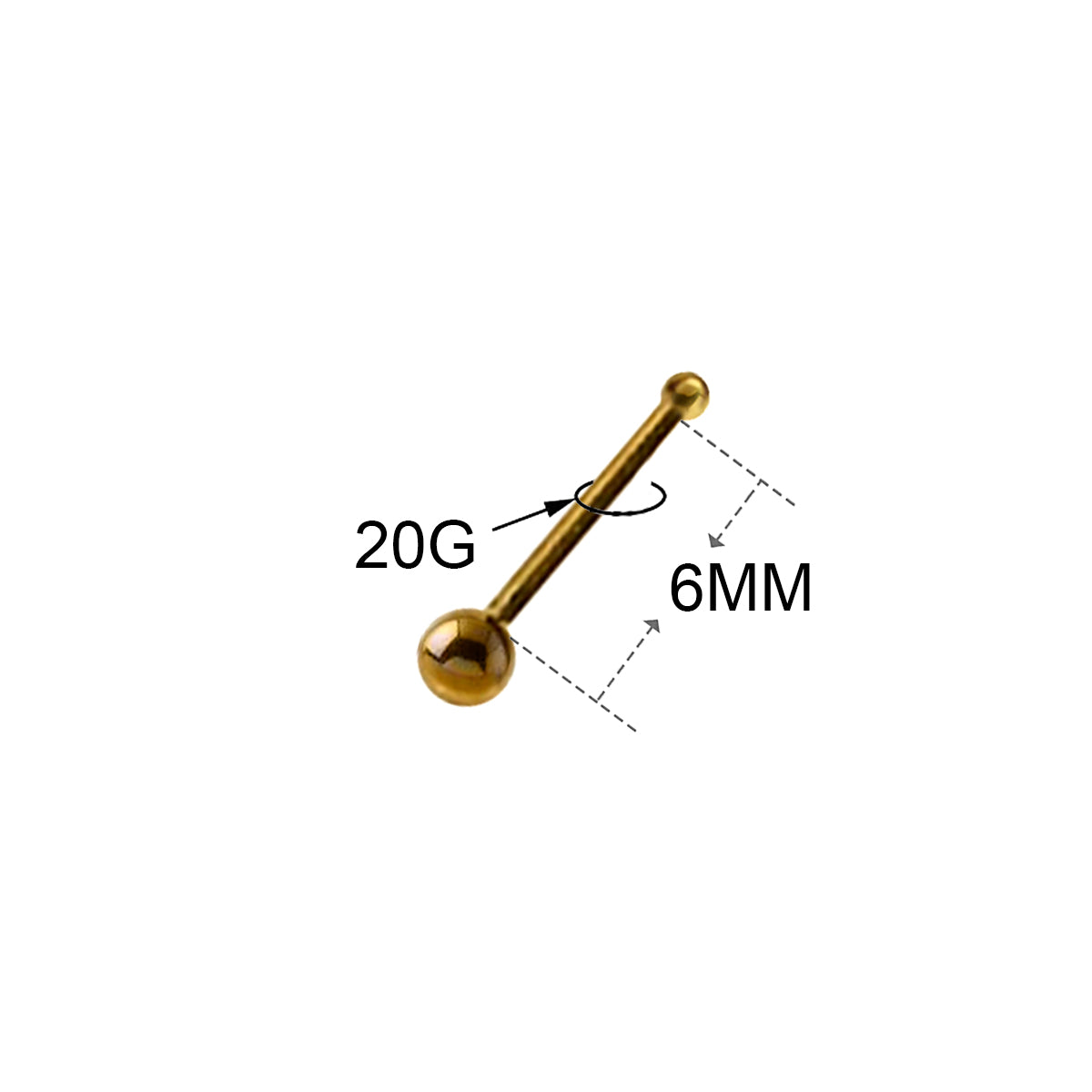 Anodized Titanium Nose Bone with Ball 20 Gauge 6mm