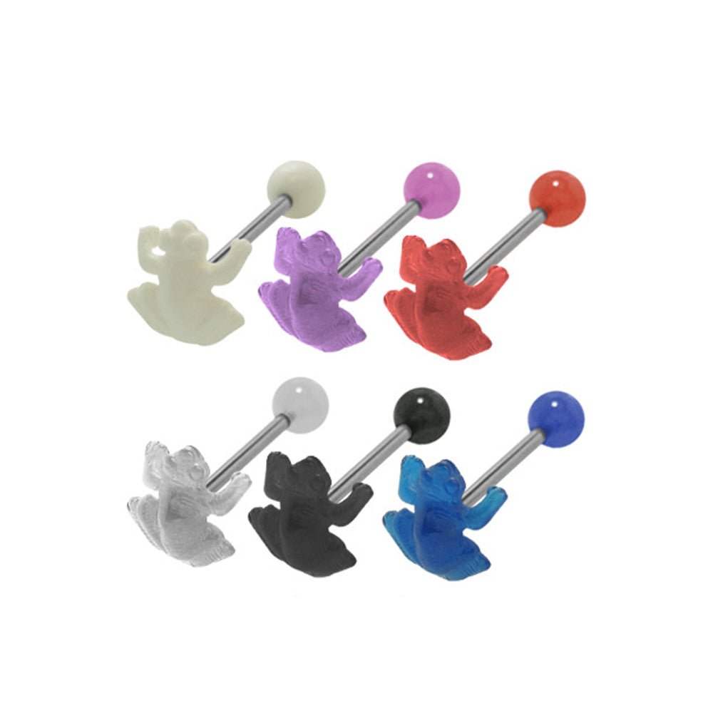 Surgical Steel Tongue Barbell 14G 15mm with Acrylic Frog - 6 Colors