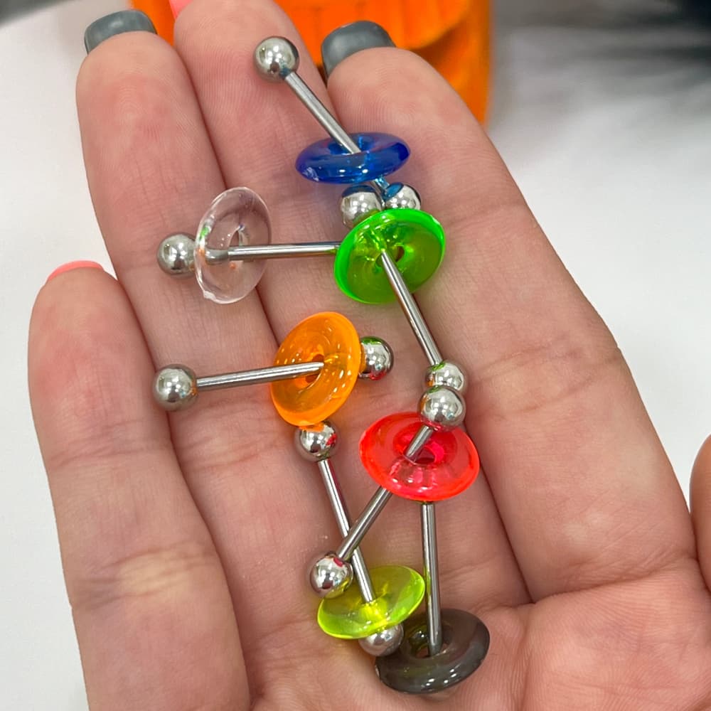14 Gauge Straight Barbells with Acrylic UV Glow Donuts - 7 Pack - photo 2