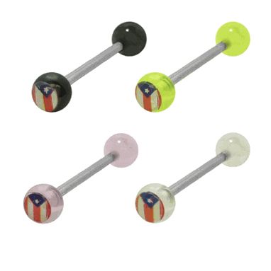 Surgical Steel Tongue Barbell 14G with Puerto Rican Flag - 3 Colors