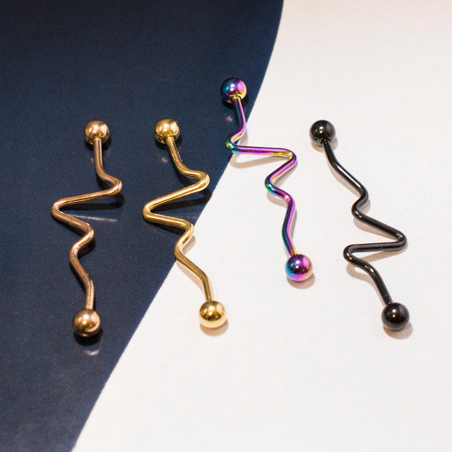 Surgical Steel Industrial Barbell 14 Gauge with Wavy Spiral Design