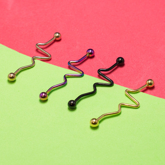 Surgical Steel Industrial Barbell 14 Gauge with Wavy Spiral Design