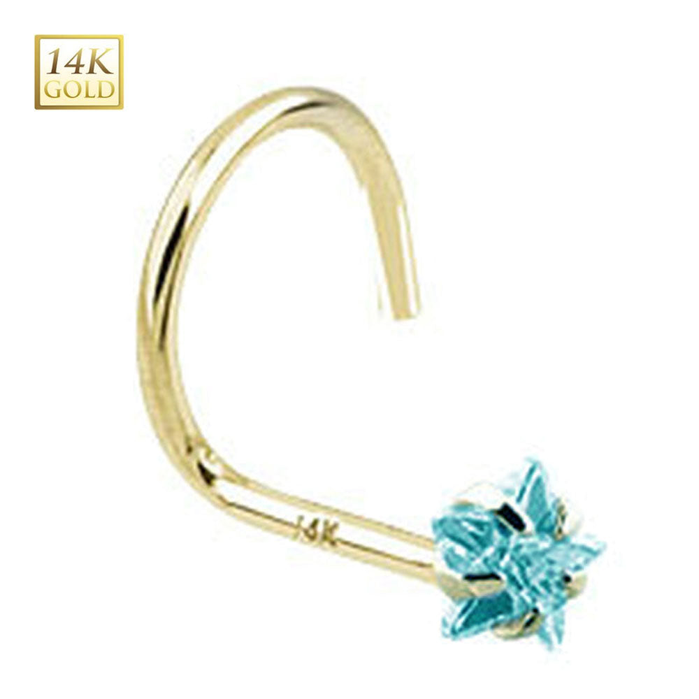 14K Solid Gold 18 to 20 Gauge Nose Screw with Aqua CZ Star