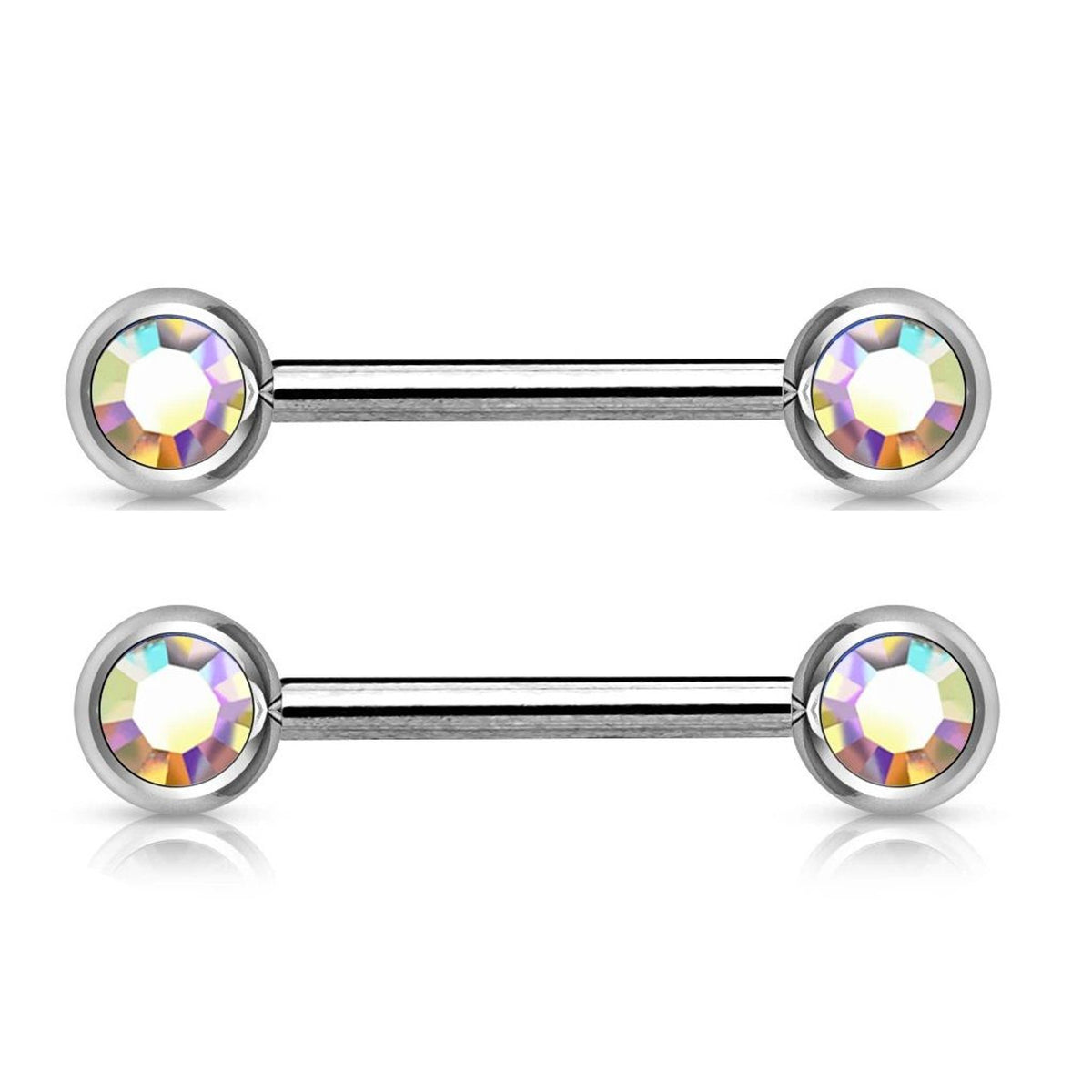 Surgical Steel 14 Gauge Nipple Barbell with Aurora CZ Bezel - Pair