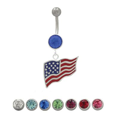 Surgical Steel 14 Gauge Belly Ring with Dangle American Flag