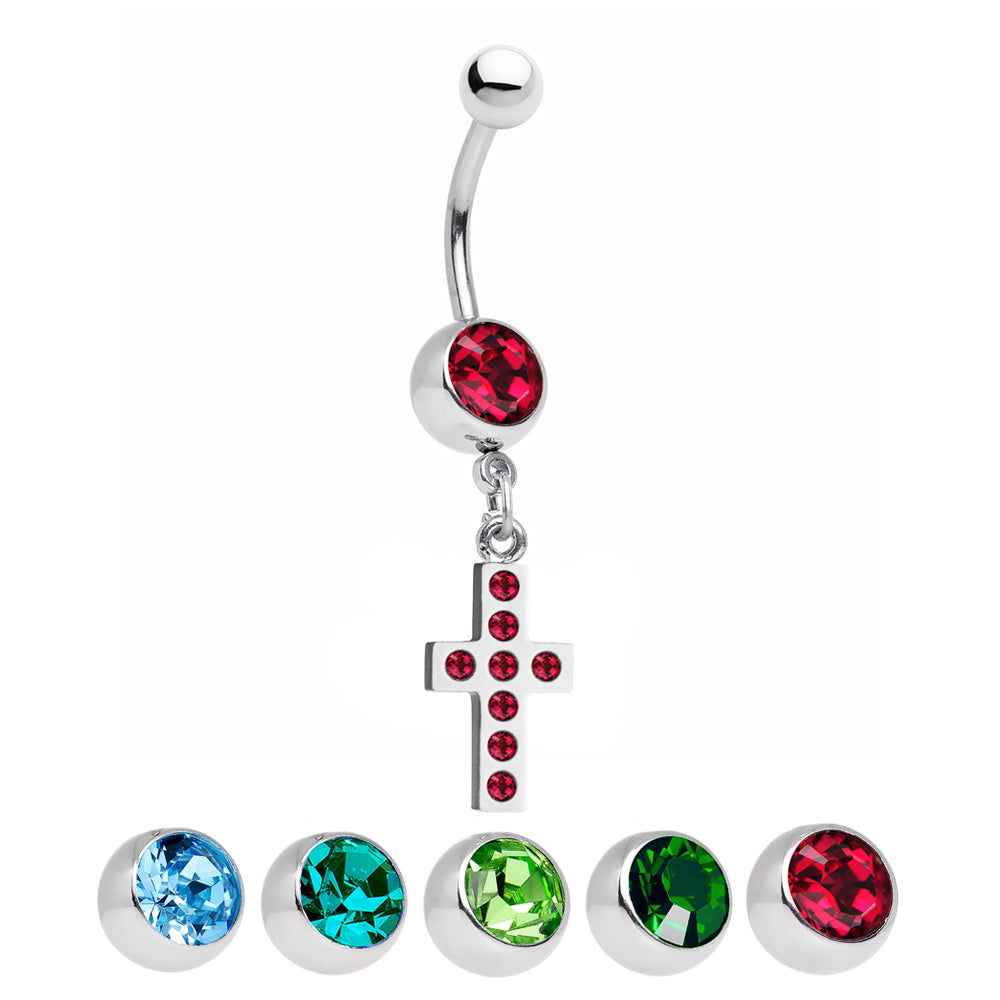 Surgical Steel 14 Gauge Belly Ring with Cross Dangle & CZ Gems
